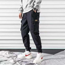 Load image into Gallery viewer, Cargo Pants Men Solid Color Black Loose Casual Jogger Pocket Elastic waist Ankle Length Trousers Techwear