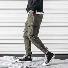 Load image into Gallery viewer, Cargo Pants Men Solid Color Black Loose Casual Jogger Pocket Elastic waist Ankle Length Trousers Techwear